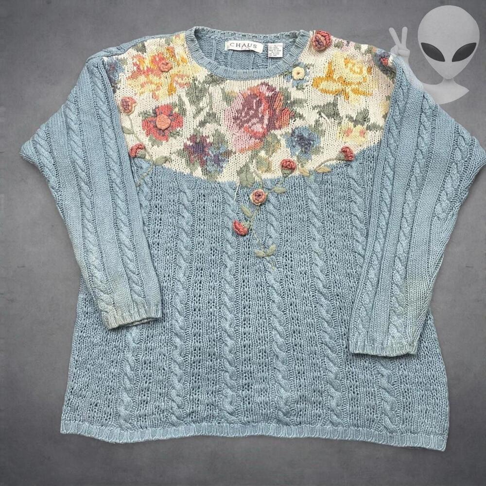 Vintage Chaus Womens Large Cable Knit Sweater 3D Rose Floral Grandmacore Blue